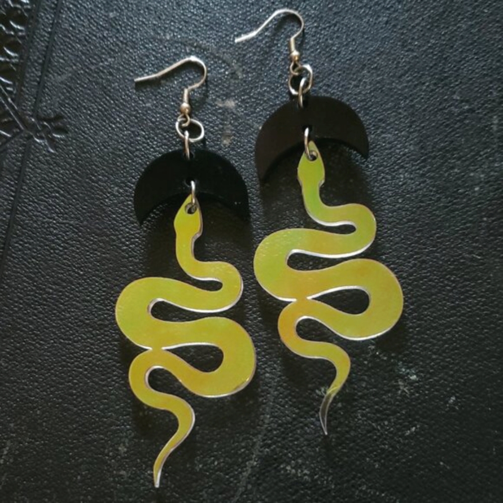 Iridescent Snake Earrings - Acrylic Snakes with Black Moons - Dolls Kill